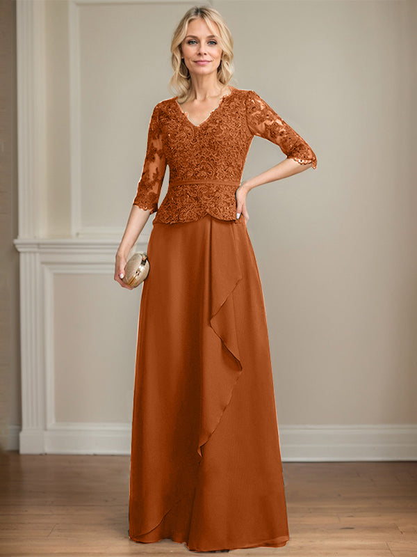 A-line V-Neck Floor-Length Lace Chiffon Mother of the Bride Dress With Cascading Ruffles Sequins