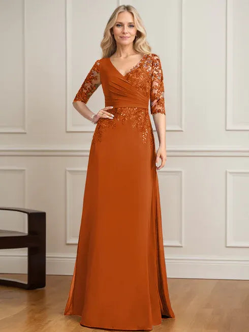 A-line V-Neck Floor-Length Lace Chiffon Mother of the Bride Dress With Pleated Sequins