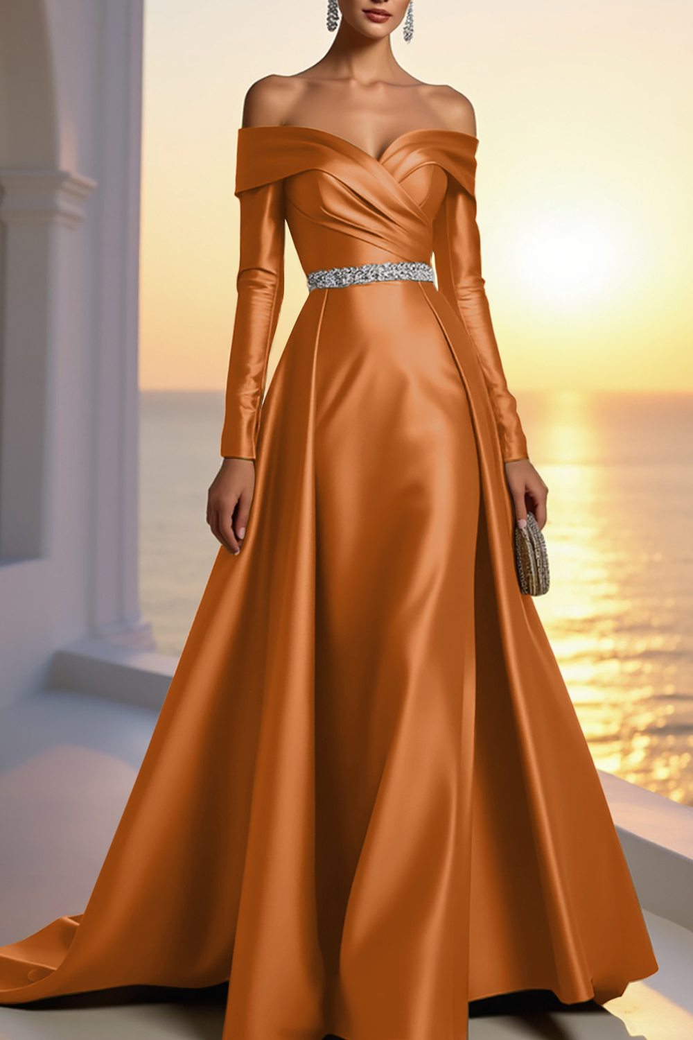 Formal Champagne Satin Dress Off The Shoulder Long Sleeve Maxi Gown