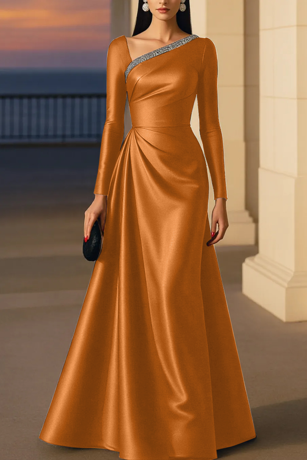 Evening Formal Burgundy Dress Asymmetrical Neck Long Sleeve Maxi Gown