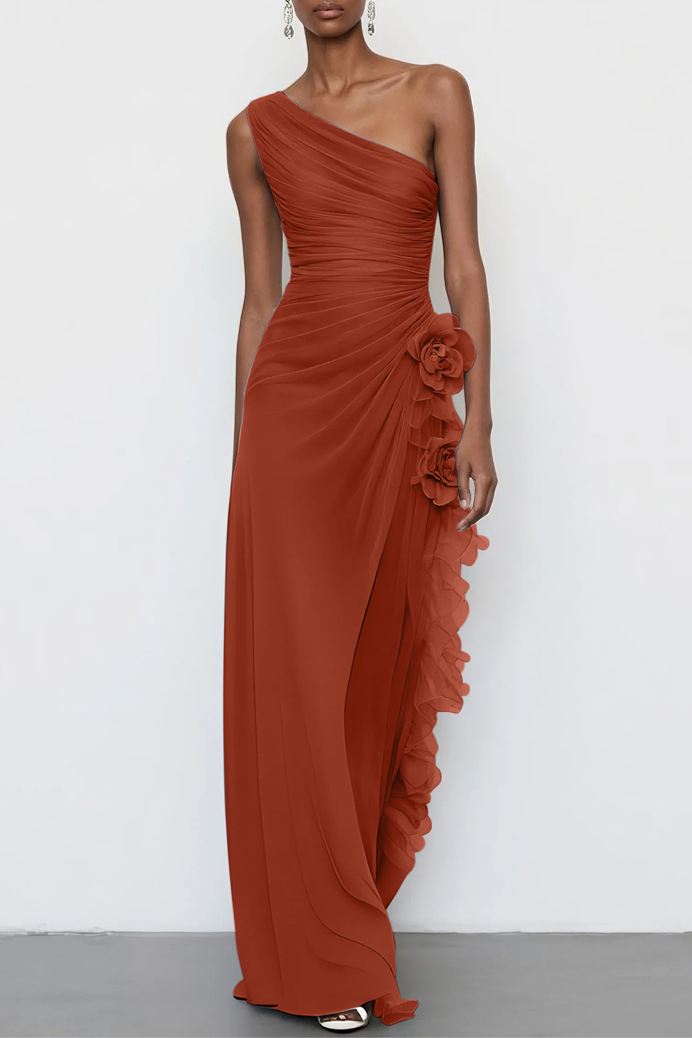 3D Floral Chiffon One Shoulder Sleeveless Sheath Maxi Dress