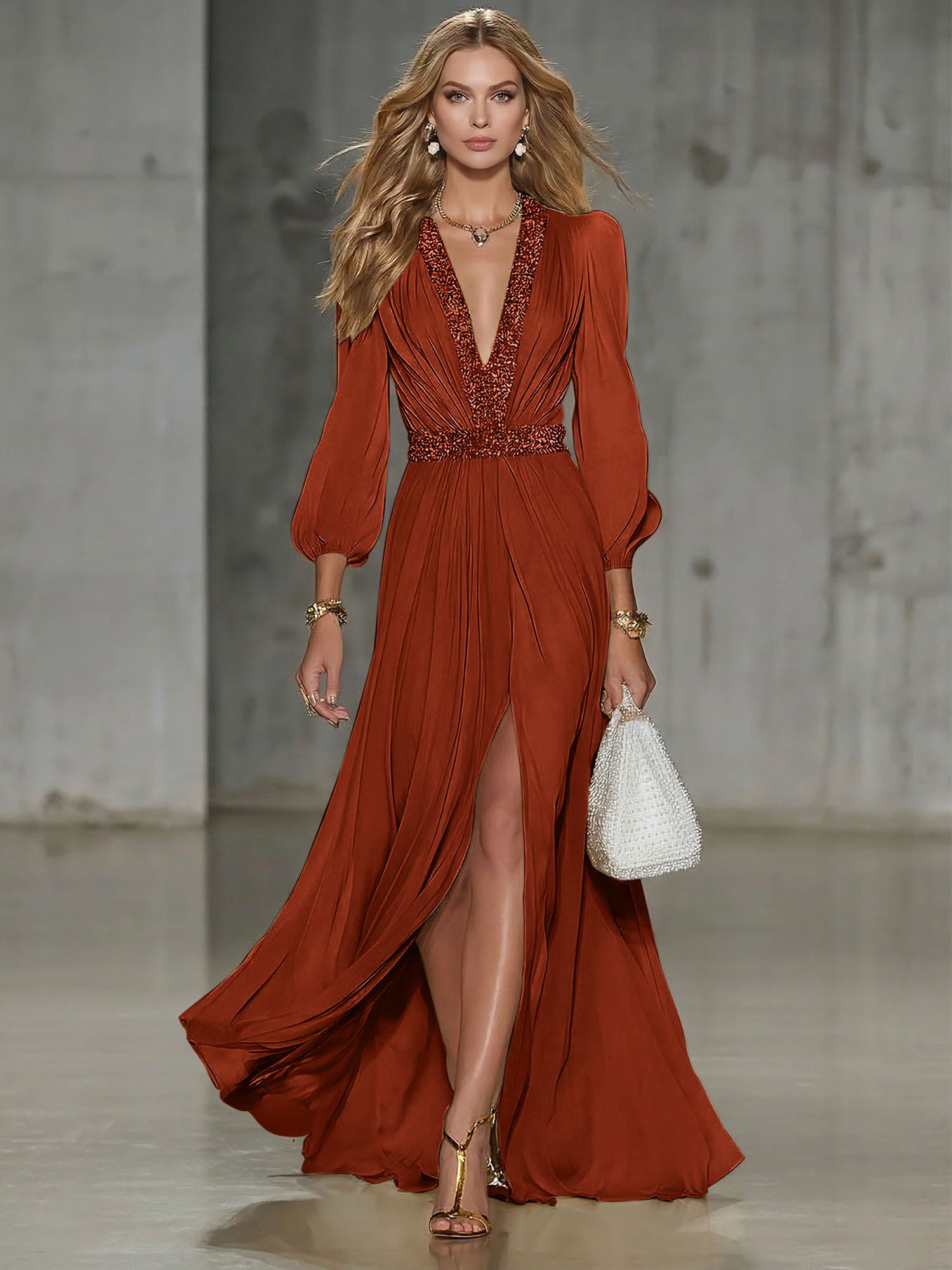 Elegant Beige Chiffon V-neck With Rhinestone Embellishments And A Side Slit Maxi Dress