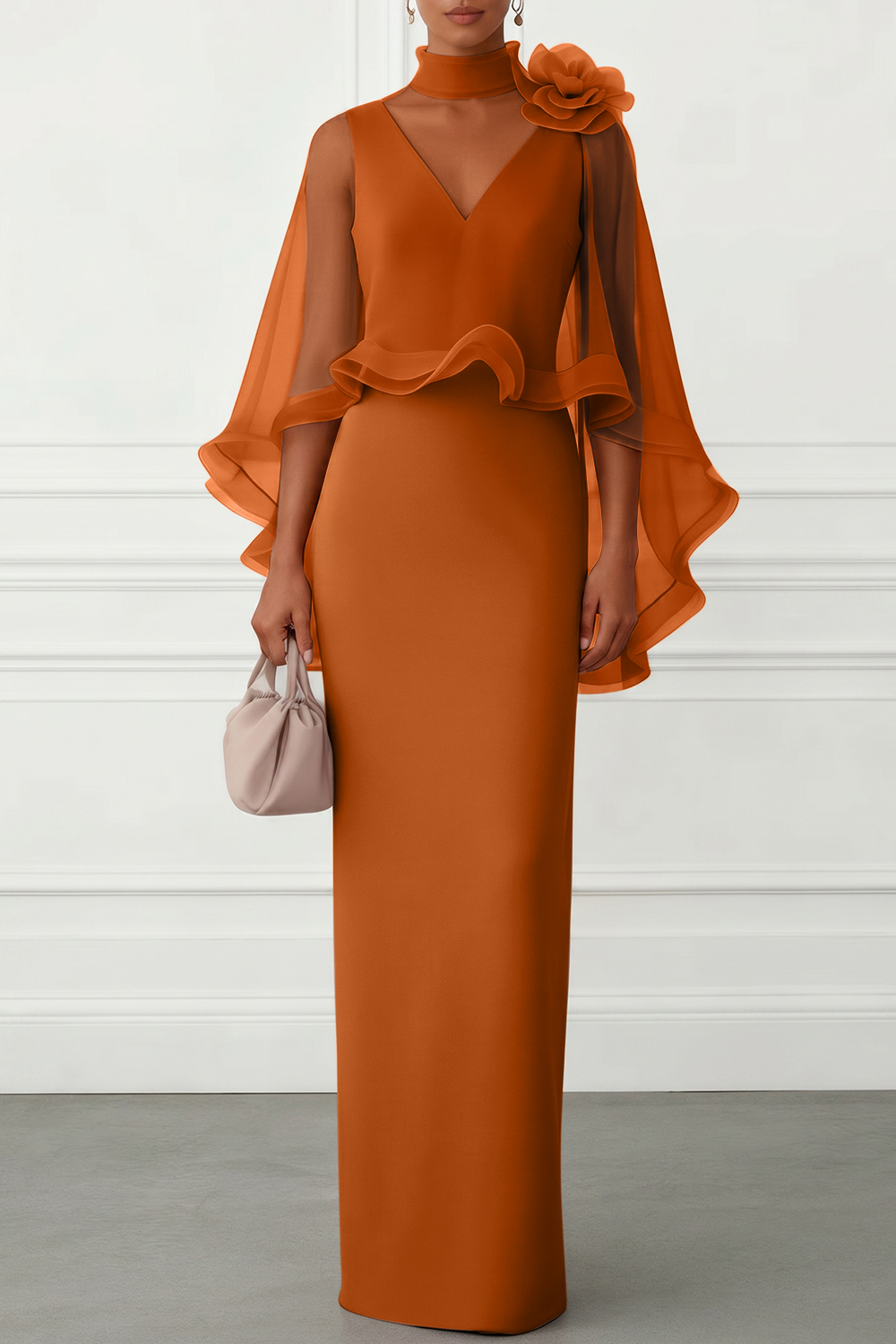 Nudepink 3D Floral Mesh Classic Mock Neck Half Sleeve Sheath Floor-length Gown Dress