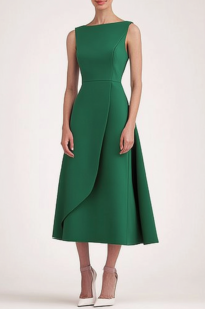 Work Semi-Formal Green Boat Neck Sleeveless A-Line Midi Dress