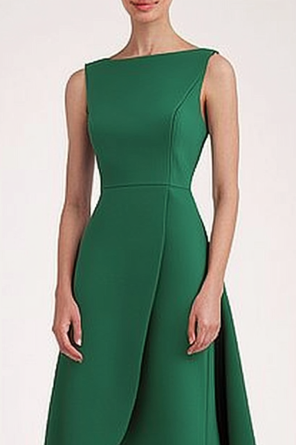 Work Semi-Formal Green Boat Neck Sleeveless A-Line Midi Dress