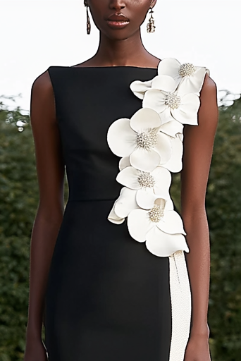 Daily Party Work Black White 3D Flower Maxi Dress