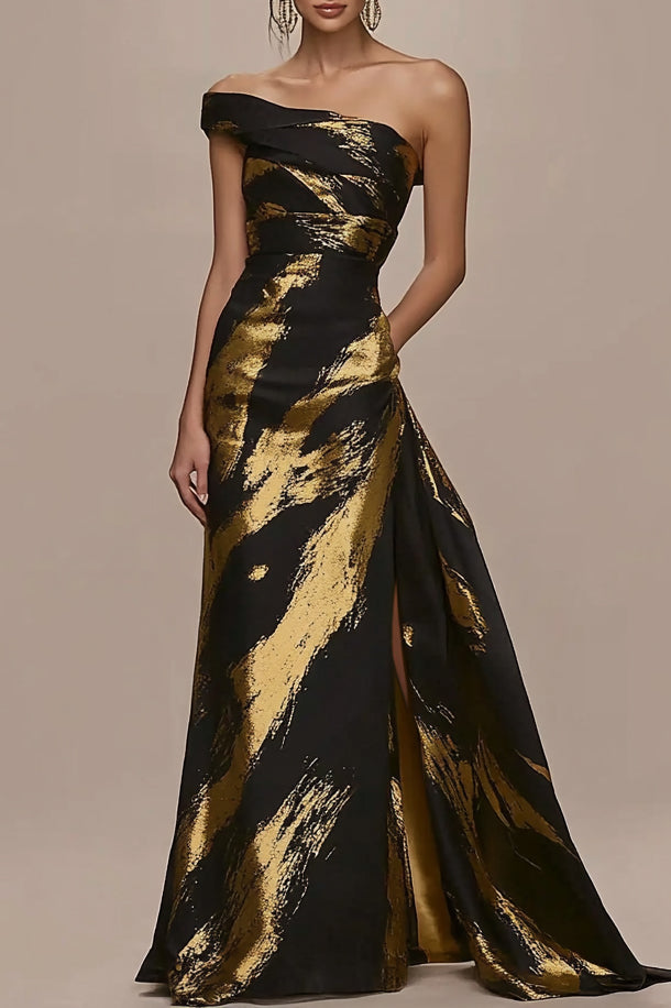 Party Work Black Gold Off Shoulder Split Maxi Dress