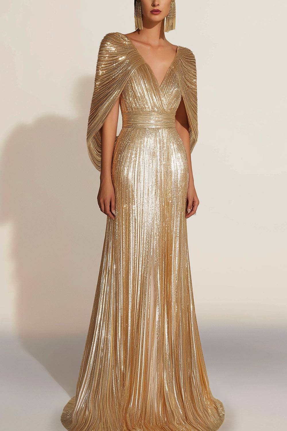 Formal Evening Fringe Dress Gold Cape V-neck Floor-length Gown