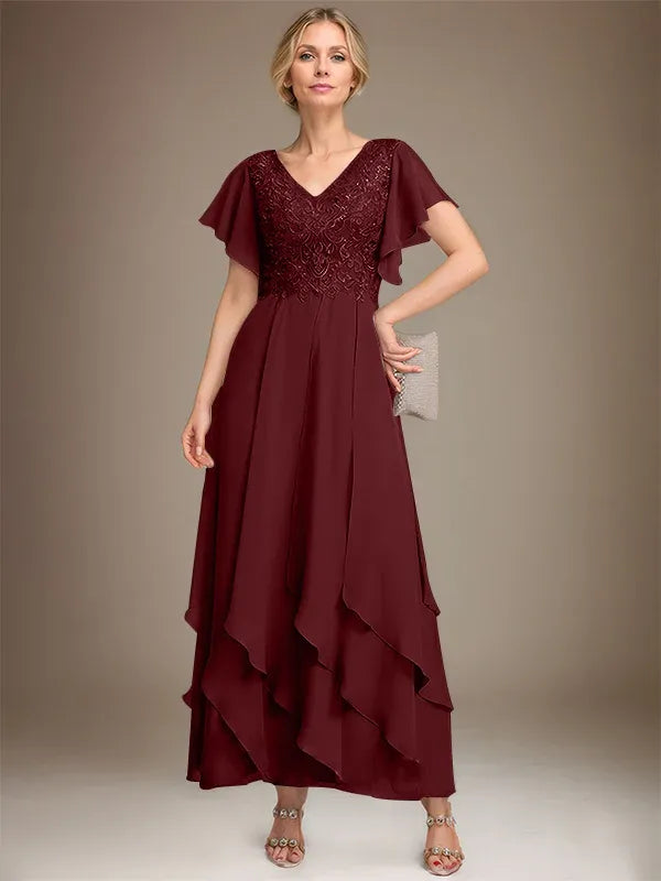 A-line V-Neck Ankle-Length Lace Chiffon Mother of the Bride Dress With Cascading Ruffles