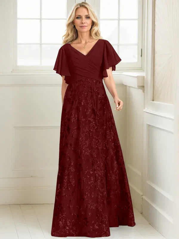 A-line V-Neck Floor-Length Lace Sequin Chiffon Mother of the Bride Dress With Pleated