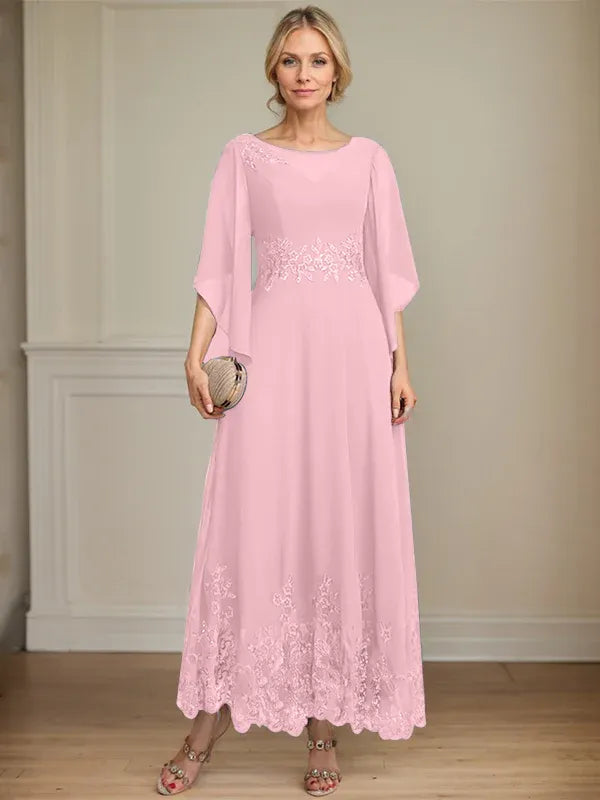 A-line Scoop Illusion Ankle-Length Lace Chiffon Mother of the Bride Dress With Sequins