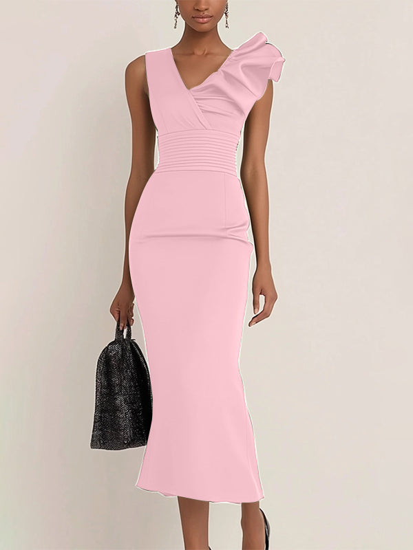 Work Semi-Formal Dress Green Sleeveless Ruffle Fitted Midi Dress