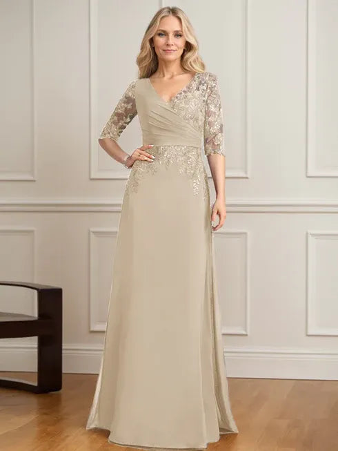 A-line V-Neck Floor-Length Lace Chiffon Mother of the Bride Dress With Pleated Sequins