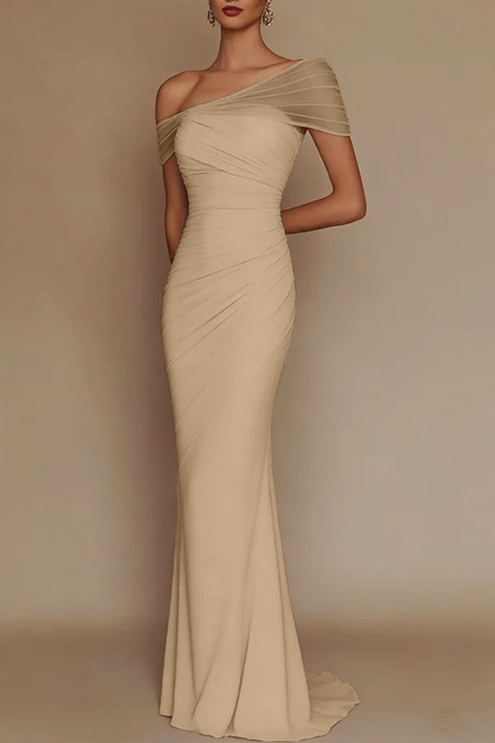 Blush Pink One-Shoulder Mesh-Patched Pleated Mermaid Maxi Dress