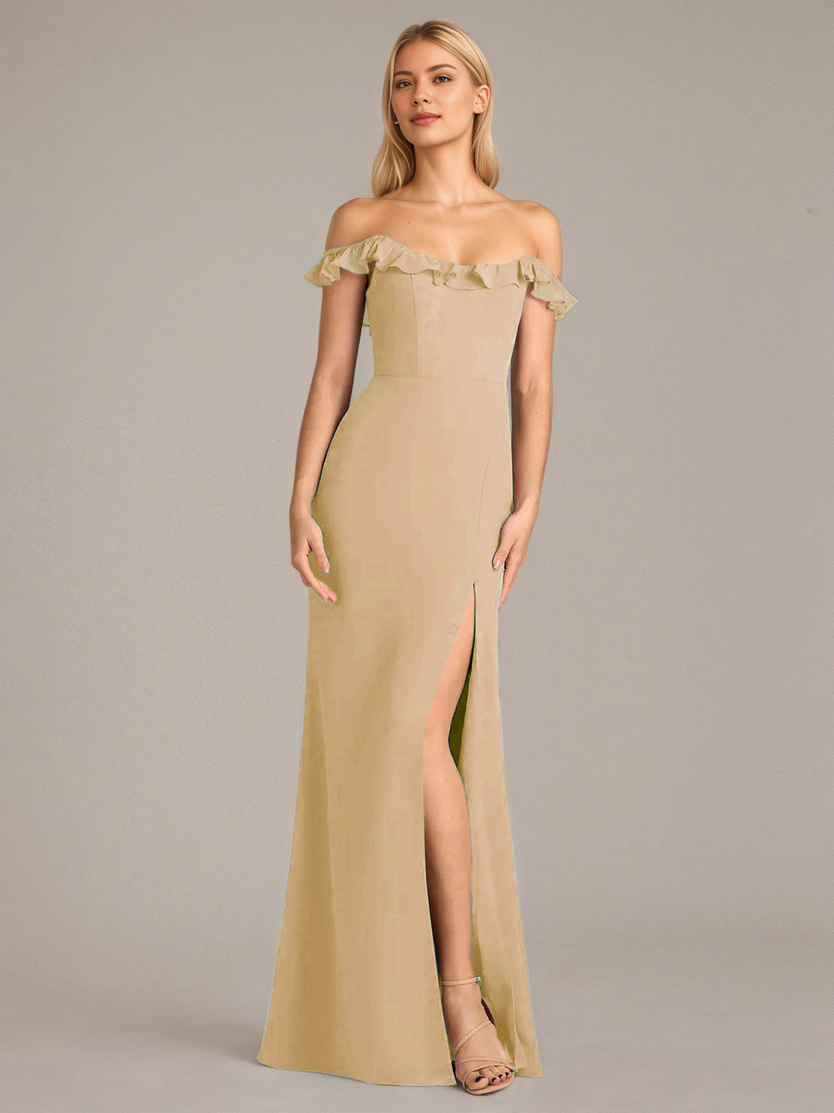 Sheath/Column Chiffon Off The Shoulder Sleeveless Floor Length Dresses With Ruffles