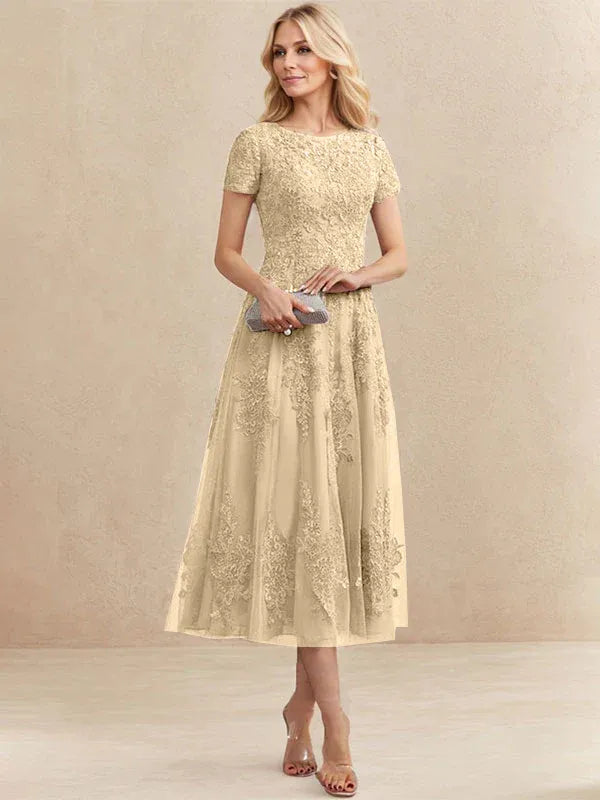 A-line Scoop Tea-Length Tulle Lace Mother of the Bride Dress