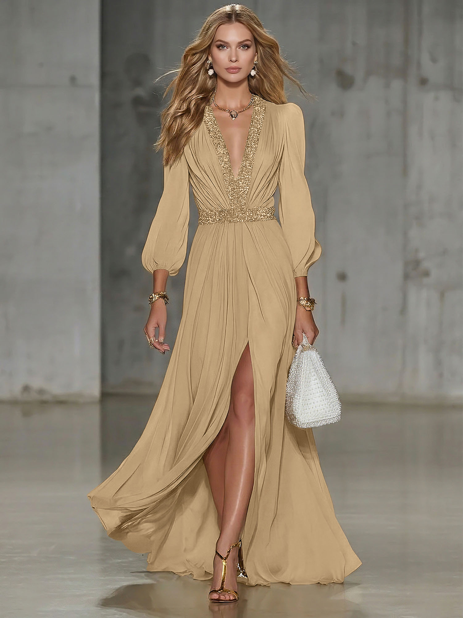 Elegant Beige Chiffon V-neck With Rhinestone Embellishments And A Side Slit Maxi Dress