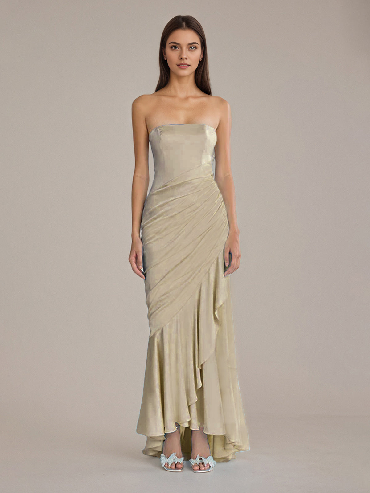Sheath/Column Satin Off The Shoulder Sleeveless Floor Length Dresses With Ruffles