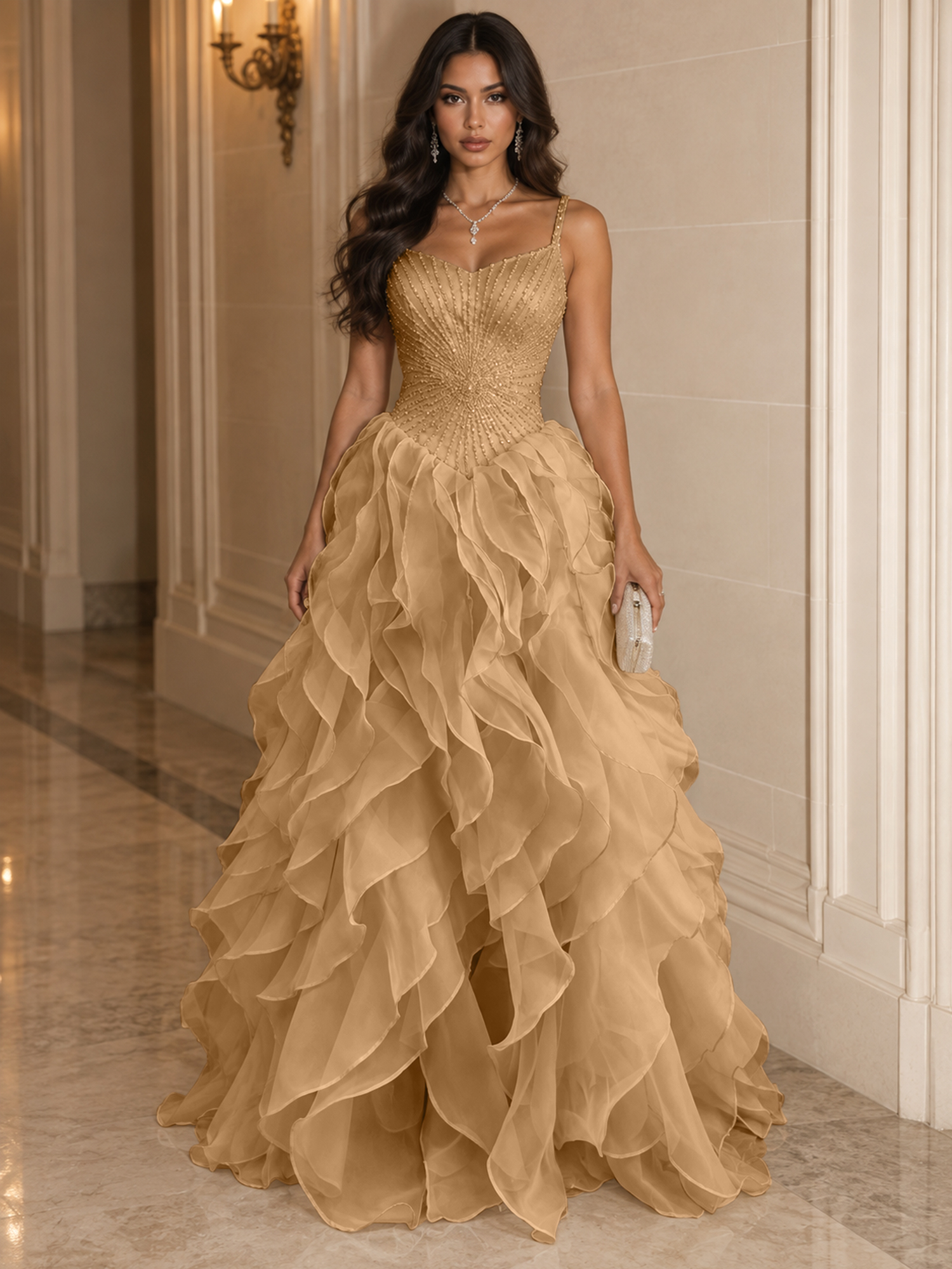 Spaghetti Straps Pleated Luxurious Maxi Evening Dresses with Beadings
