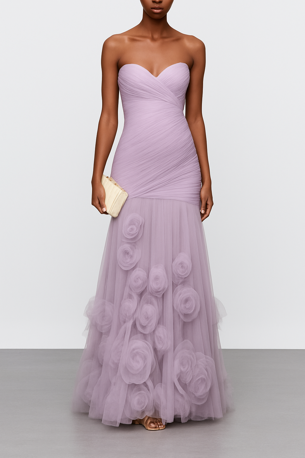 Pink 3D Floral Ruched Tulle Strapless Sleeveless Mermaid Maxi Dress