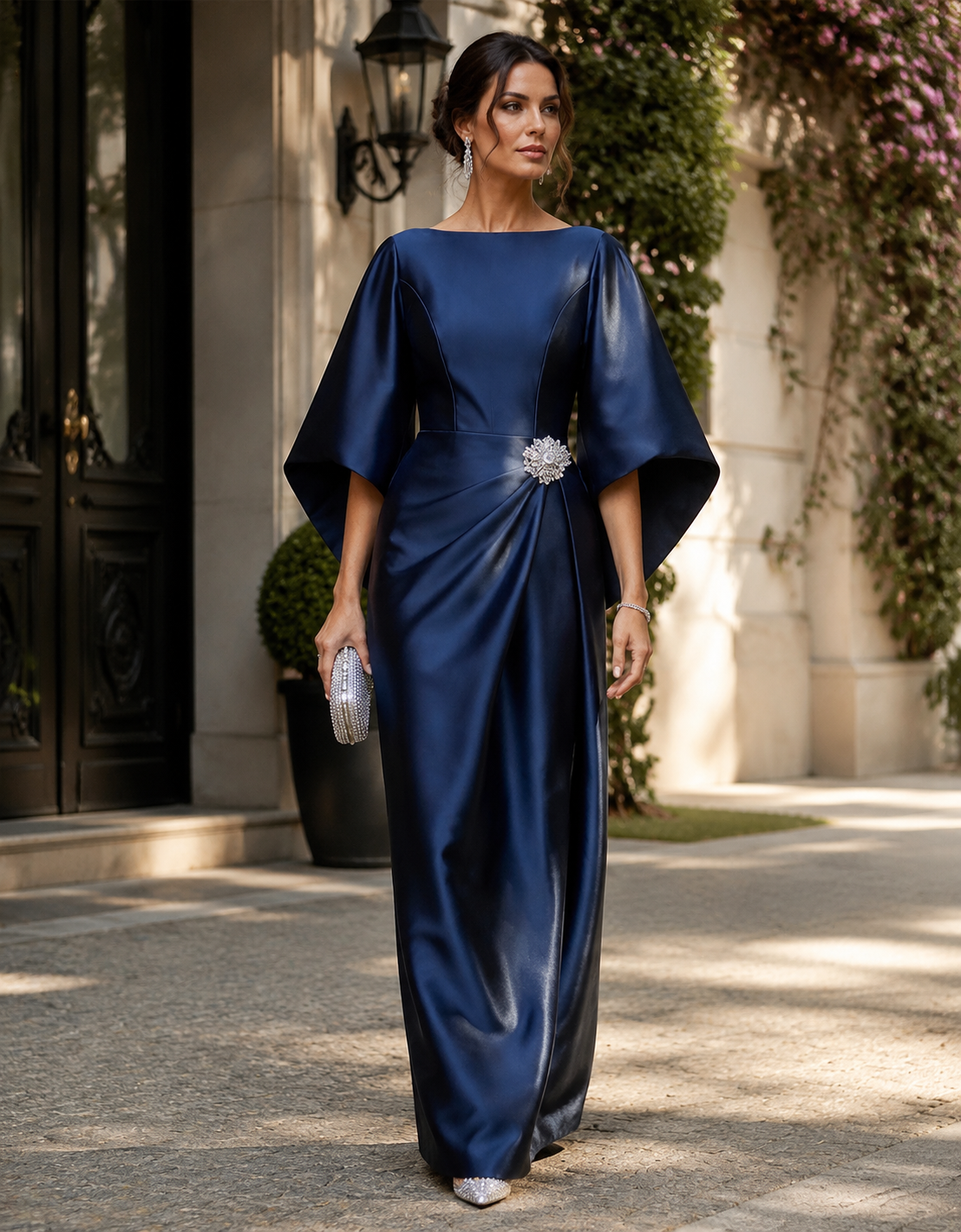 Navy Blue Satin Boat Neck Bell Sleeve Crystal Brooch Ruched Midi Evening Gown