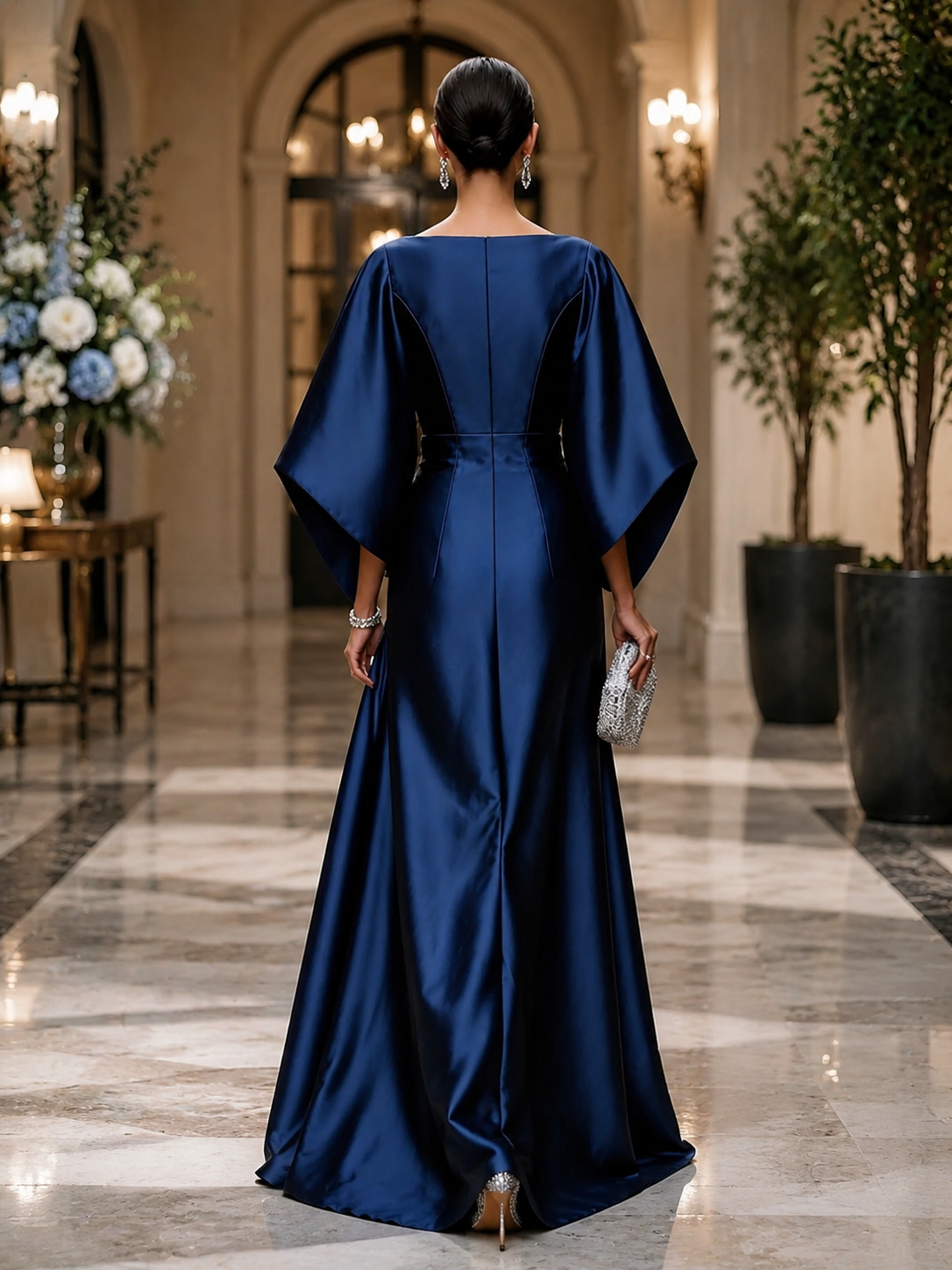 Navy Blue Satin Boat Neck Bell Sleeve Crystal Brooch Ruched Midi Evening Gown