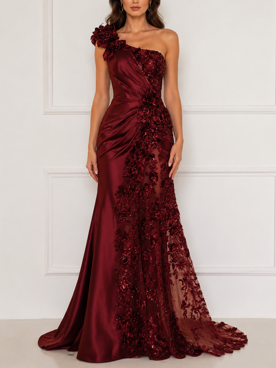 Burgundy Satin One Shoulder 3D Floral Applique Sheer Mermaid Train Evening Gown