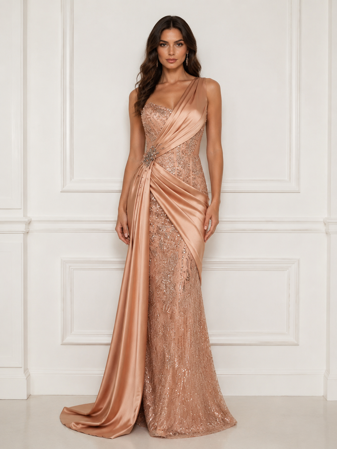 Champagne Gold One Shoulder Satin Drape Linear Beaded Mermaid Train Evening Gown