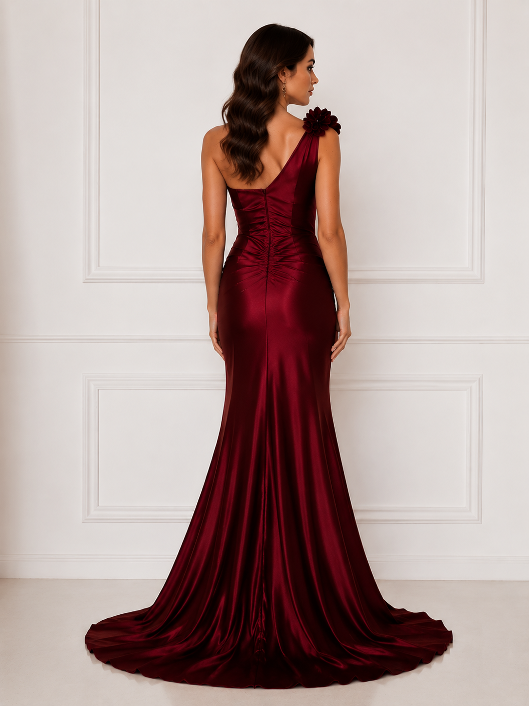Burgundy Satin One Shoulder 3D Floral Applique Sheer Mermaid Train Evening Gown