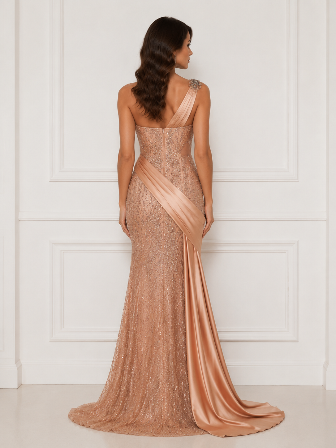 Champagne Gold One Shoulder Satin Drape Linear Beaded Mermaid Train Evening Gown