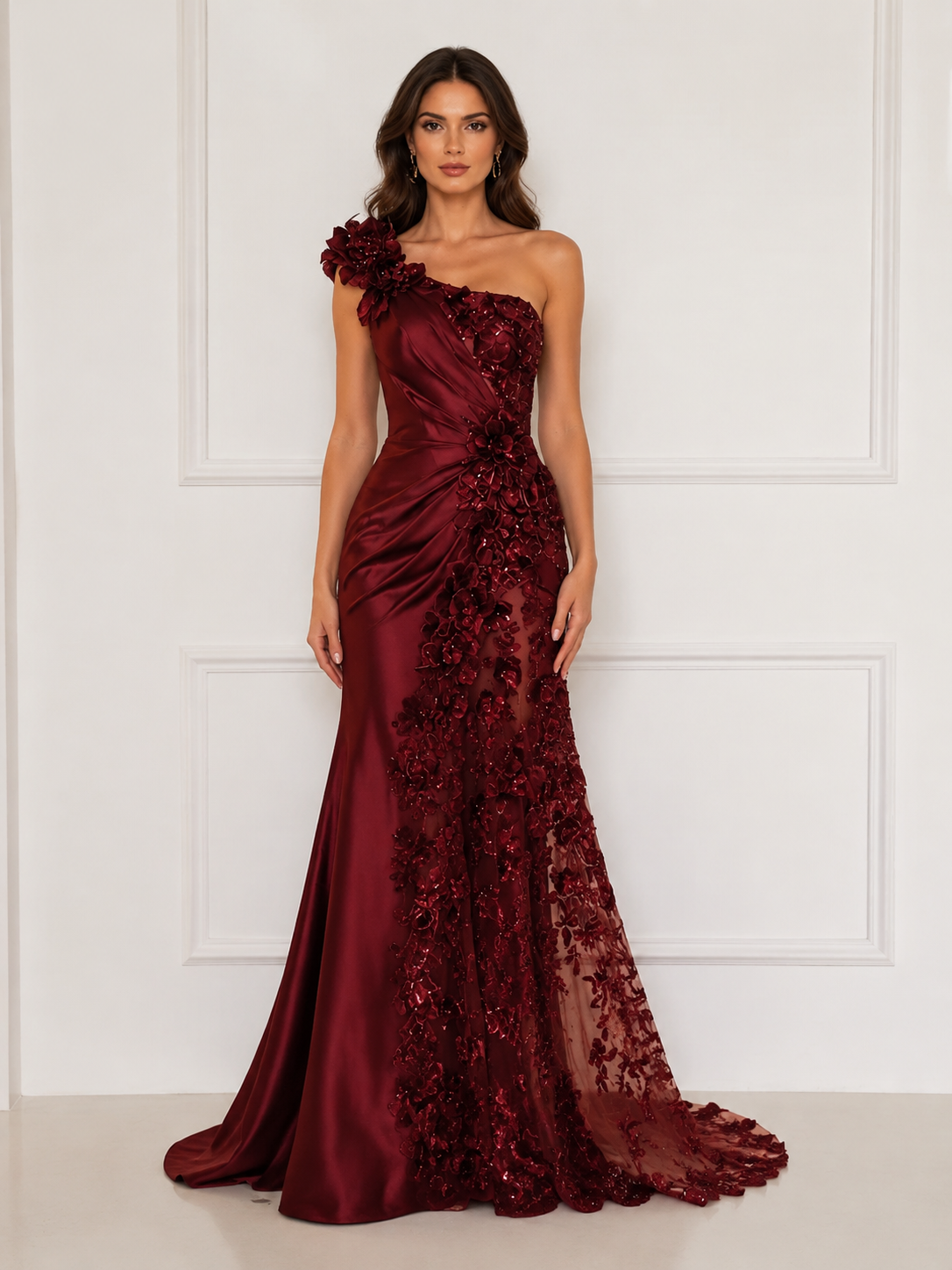 Burgundy Satin One Shoulder 3D Floral Applique Sheer Mermaid Train Evening Gown