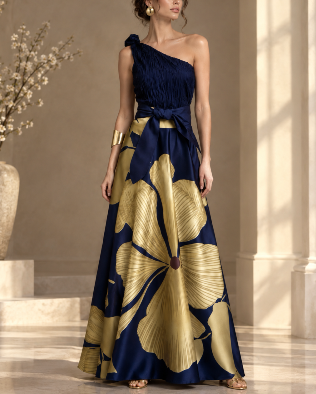 One‑Shoulder Navy Gold Floral Print Satin Maxi Evening Gown