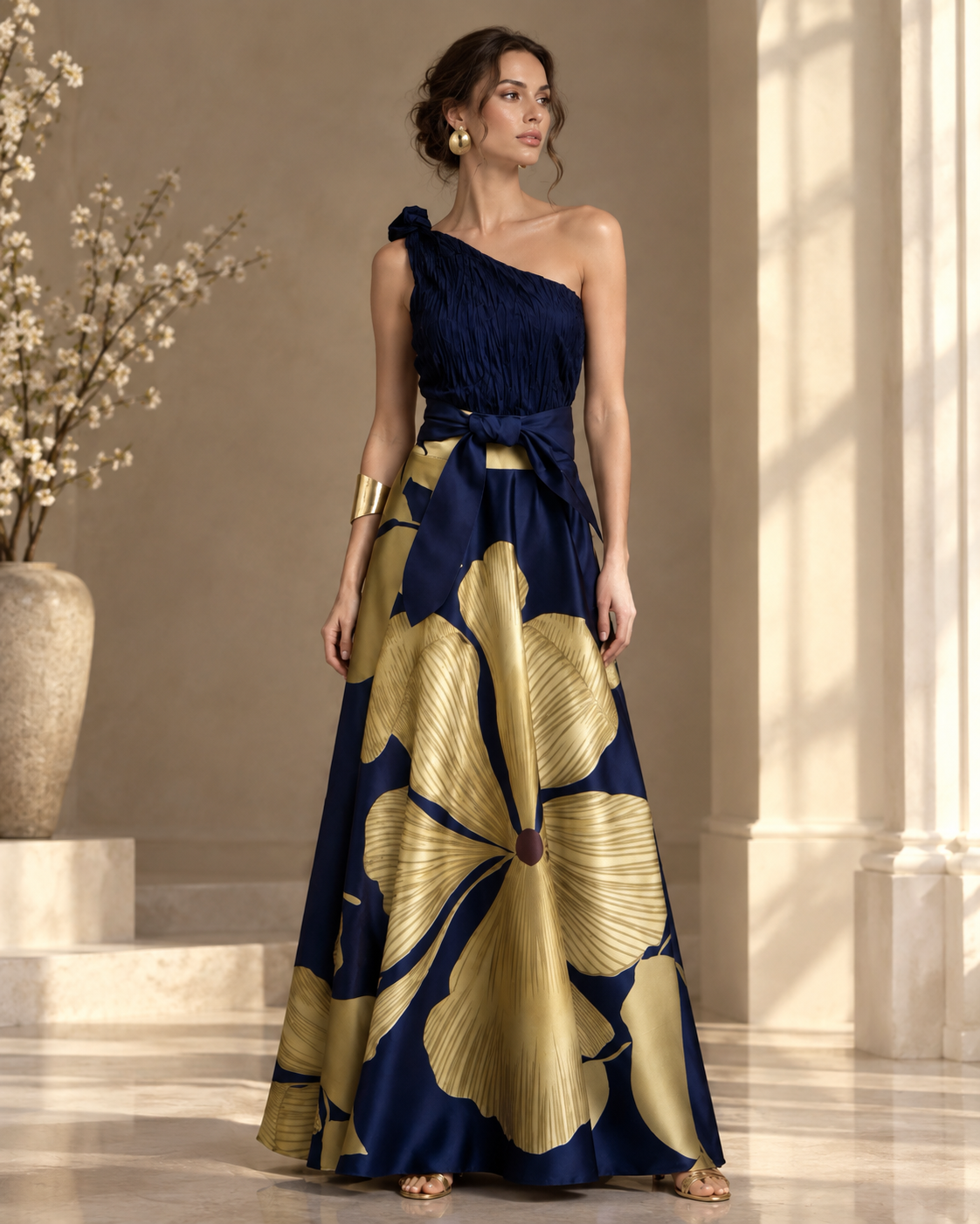 One‑Shoulder Navy Gold Floral Print Satin Maxi Evening Gown