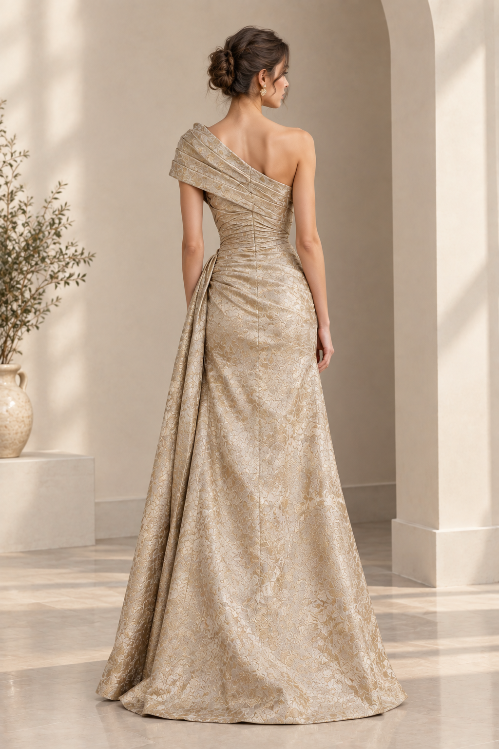 One Shoulder Gold Jacquard Evening Dress With Side Slit
