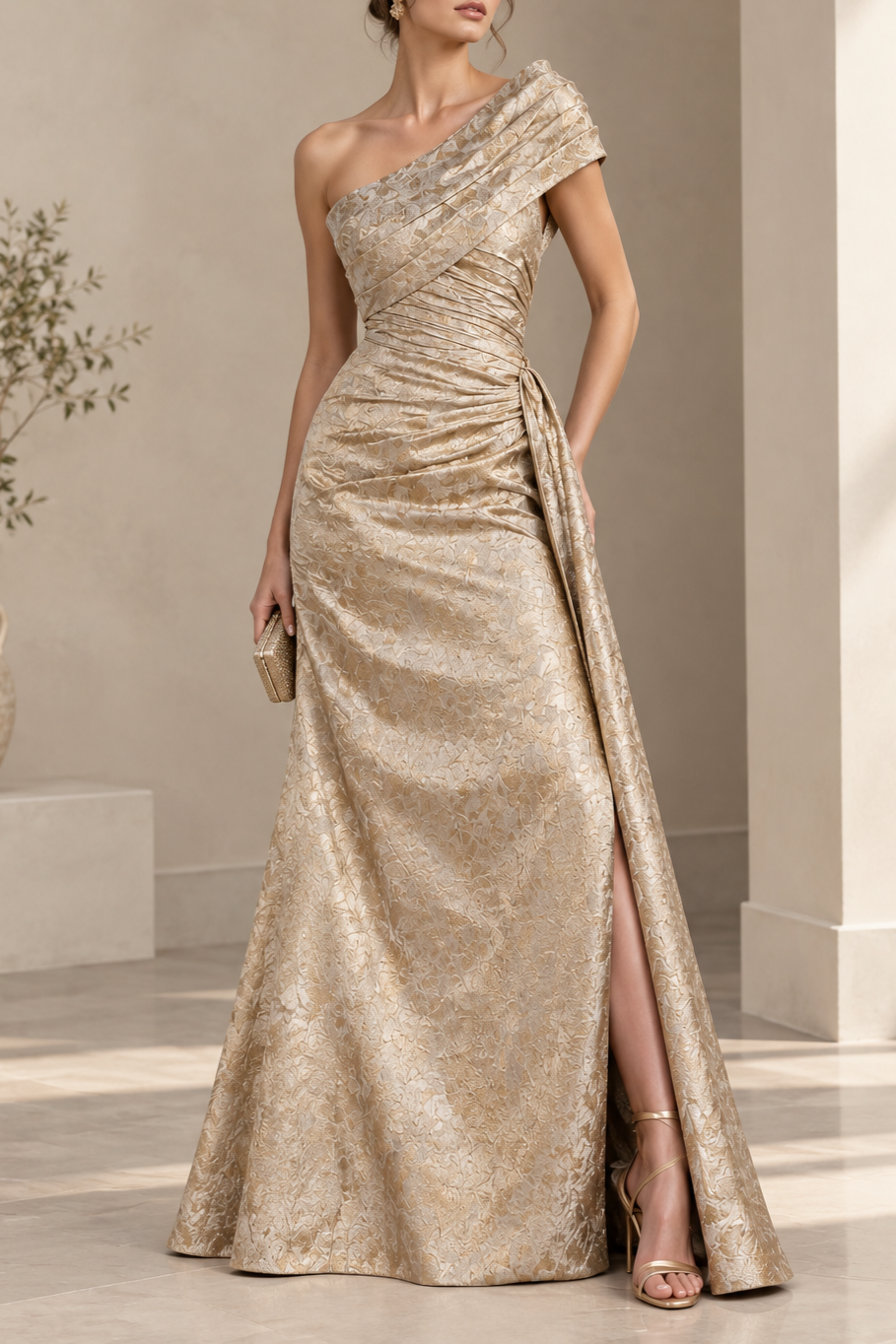One Shoulder Gold Jacquard Evening Dress With Side Slit