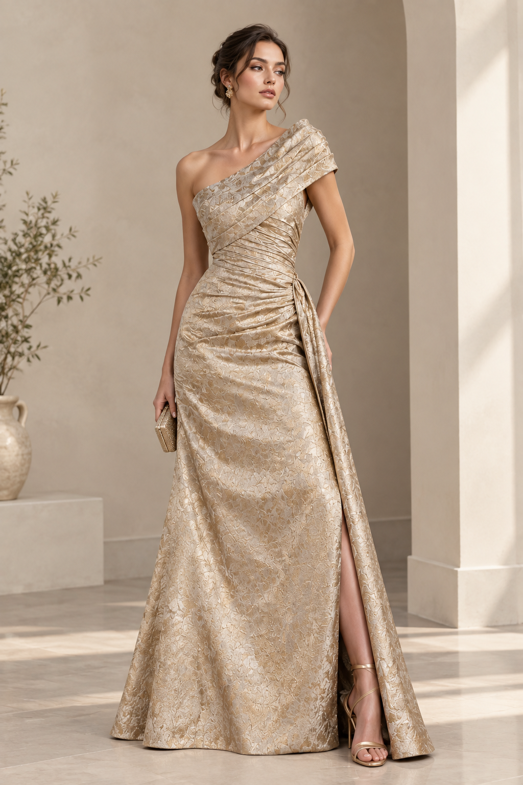 One Shoulder Gold Jacquard Evening Dress With Side Slit