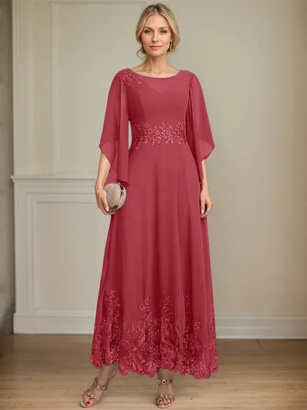 A-line Scoop Illusion Ankle-Length Lace Chiffon Mother of the Bride Dress With Sequins
