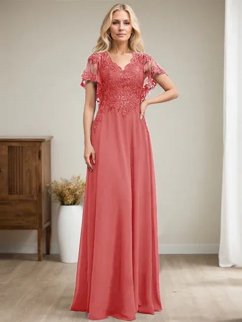 A-line V-Neck Floor-Length Lace Chiffon Mother of the Bride Dress With Sequins