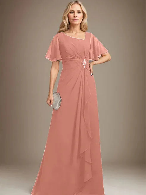 A-line Asymmetrical Floor-Length Chiffon Mother of the Bride Dress With Pleated Beading Sequins