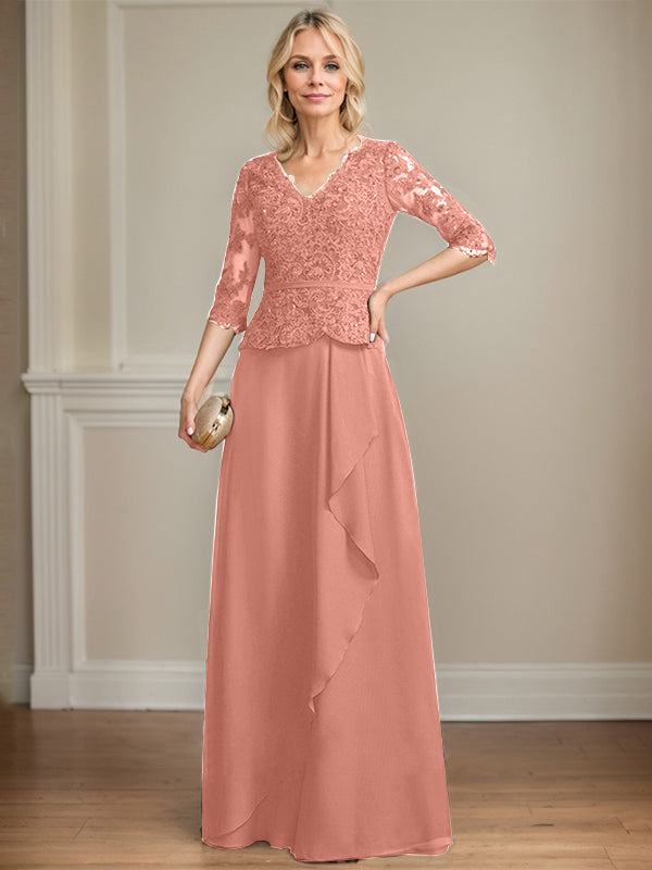 A-line V-Neck Floor-Length Lace Chiffon Mother of the Bride Dress With Cascading Ruffles Sequins