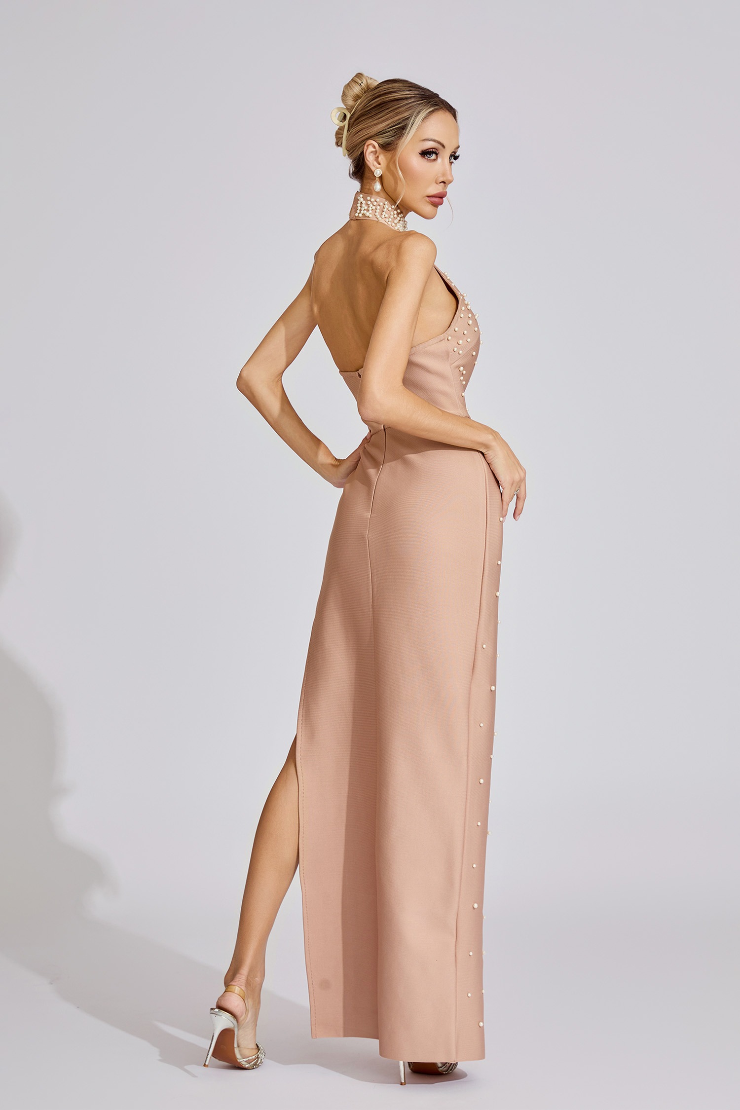 Nude Pearl Embellished Halter Maxi Dress