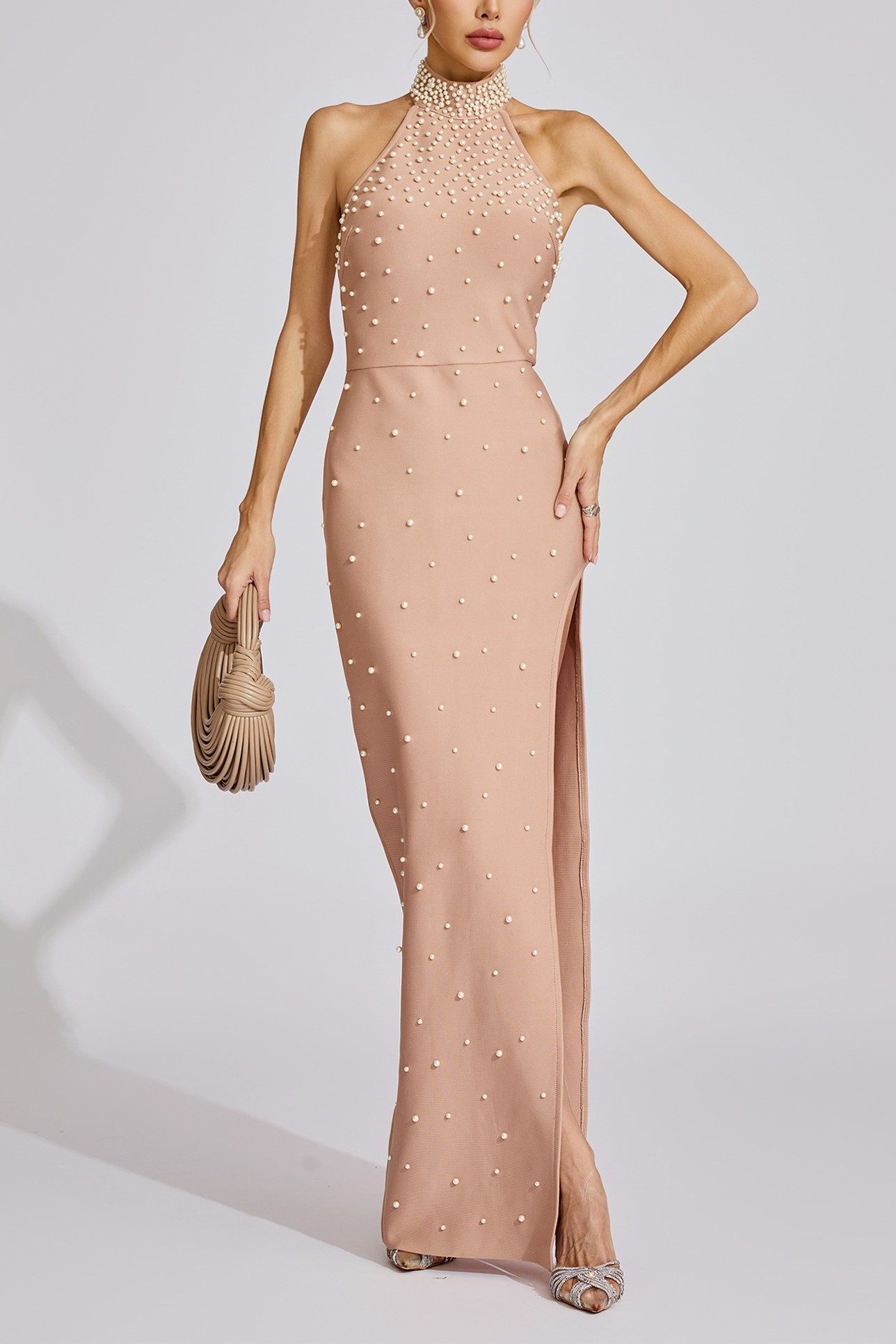 Nude Pearl Embellished Halter Maxi Dress