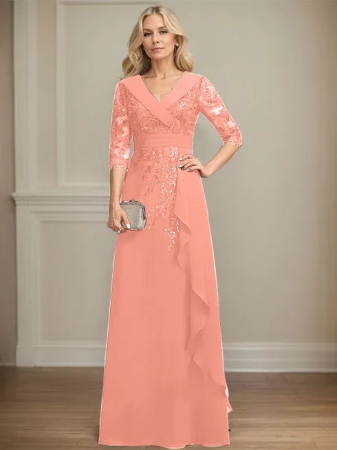A-line Collared V-Neck Floor-Length Lace Chiffon Mother of the Bride Dress With Sequins Cascading Ruffles