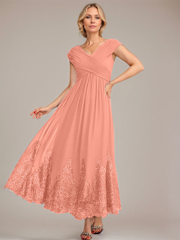 A-line V-Neck Ankle-Length Chiffon Mother of the Bride Dress With Applique Sequins