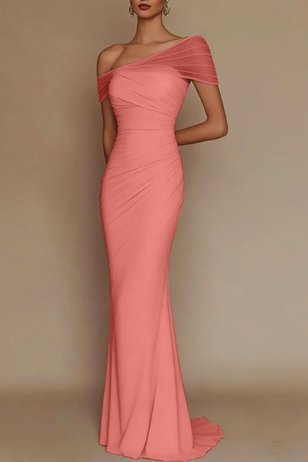 Blush Pink One-Shoulder Mesh-Patched Pleated Mermaid Maxi Dress