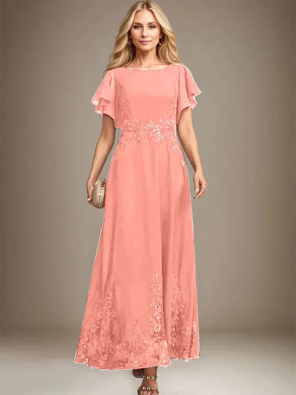 A-line Scoop Ankle-Length Lace Chiffon Mother of the Bride Dress With Sequins