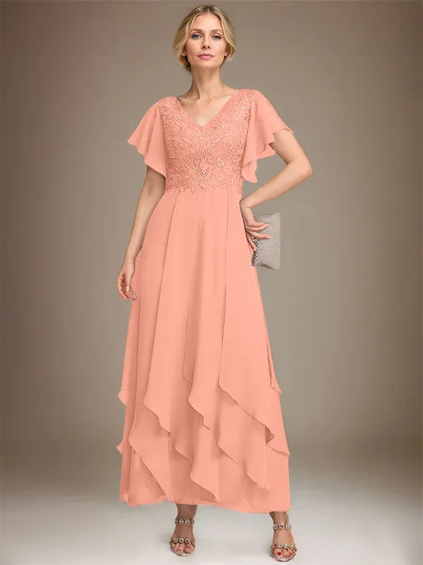 A-line V-Neck Ankle-Length Lace Chiffon Mother of the Bride Dress With Cascading Ruffles