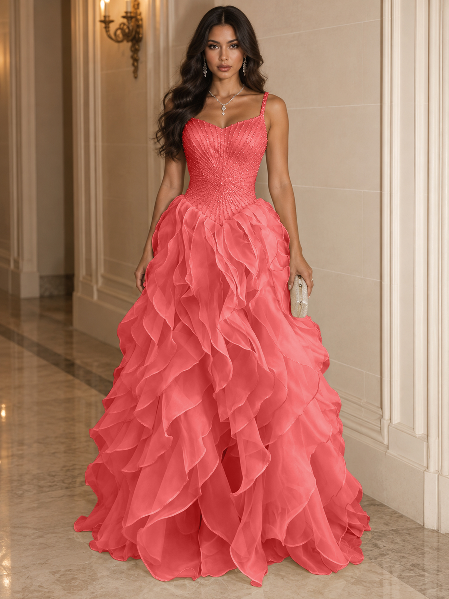 Spaghetti Straps Pleated Luxurious Maxi Evening Dresses with Beadings
