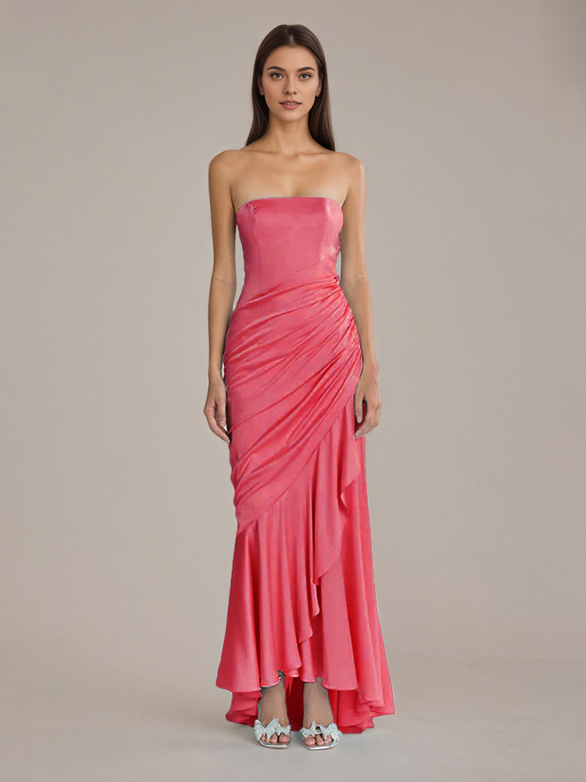 Sheath/Column Satin Off The Shoulder Sleeveless Floor Length Dresses With Ruffles