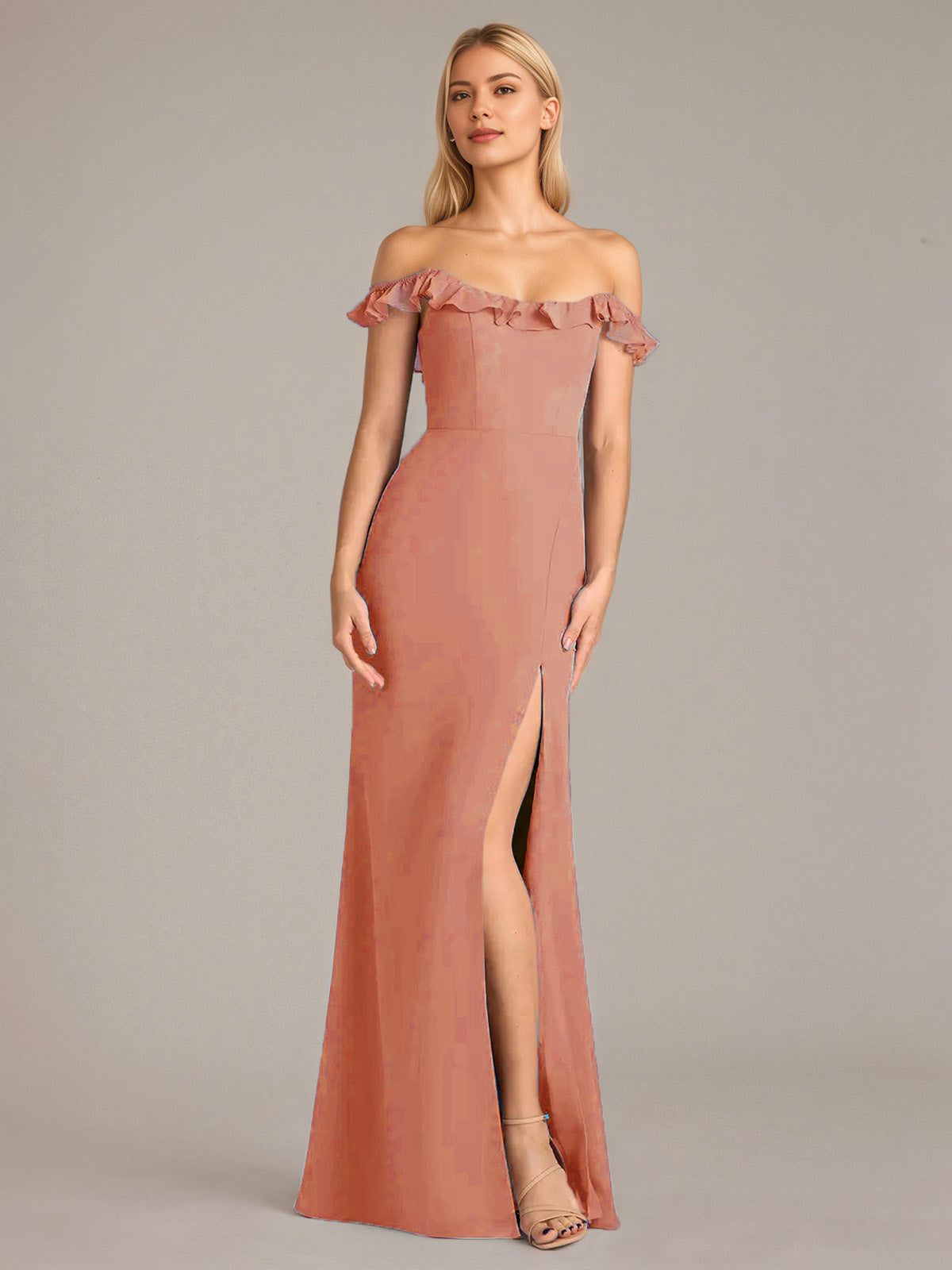 Sheath/Column Chiffon Off The Shoulder Sleeveless Floor Length Dresses With Ruffles